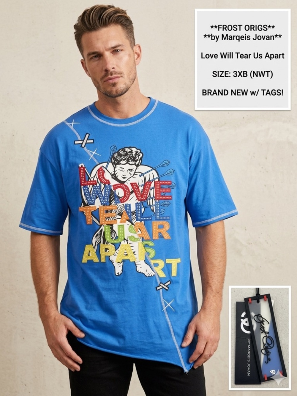 Frost Origs by Marqelis Jovan Blue Graphic Tee Love Will Tear Us Apart SZ 3XB
